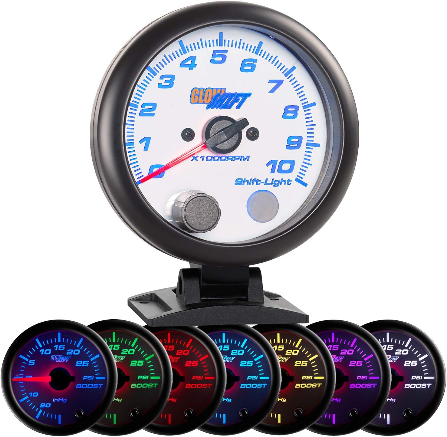 GlowShift White 7 Color 10,000 RPM Tachometer Gauge - for 1-10 Cylinder Gas Powered Engines - Built-in Shift Light - Mounts On Dashboard - White Dial - Clear Lens - 3-3/4" 95mm