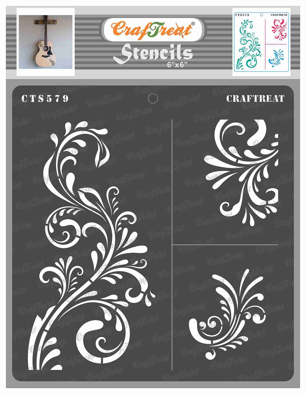 CrafTreat Reusable Fancy Flourish Stencils 6x6 Inch for Painting on Wood, Canvas, Paper, Fabric, Floor, Wall and Tile - Designer Flourish Stencil for Card Making - Floral Paint Stencils