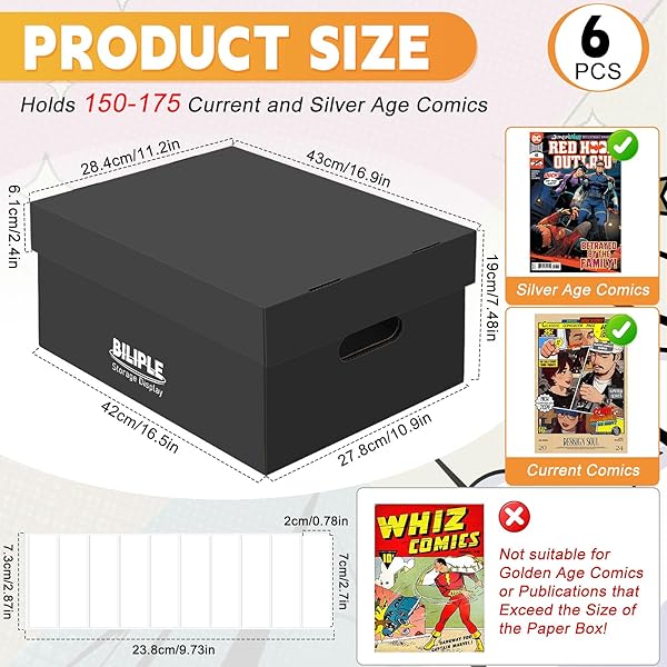 6 PACK COMIC BOOK STORAGE BOX 15.8″ X 7.2″ X 10.7″, THICK CARDBOARD COMIC BOOK BOX WITH LIDS, HOLDS 150-175 CURRENT/SILVER AGE COMIC, STACKABLE BIN COMIC ORGANIZER CASE FOR COLLECTING SUPPLIES, BLACK