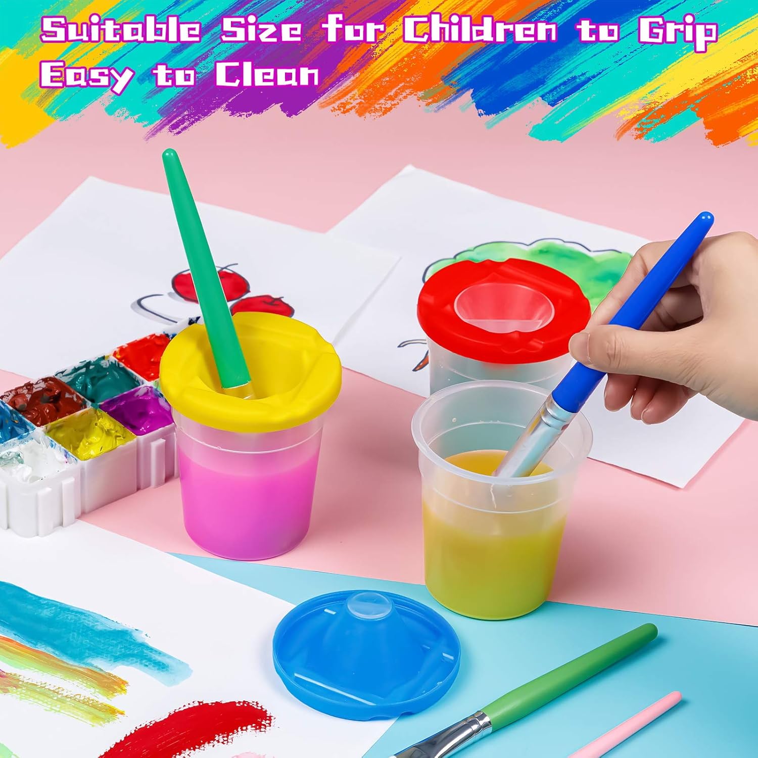 Kids Spill-Proof Paint Cups, Children's No Spill Paint Cups with Colored Lids, Easy to Clean, Kids Art Paint Supplies for School, Classroom, 3.5 Inches Tall: Kitchen & Dining