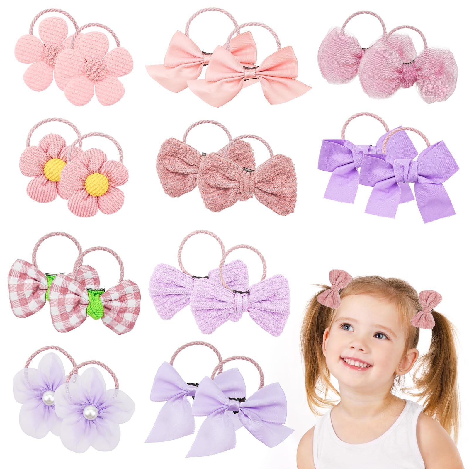 20PCS Small Pink Bow Flower Pony Tails Hair Ties - Cute Elastic Scrunchies Multicolor Flower Bow Hair Ties
