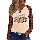 Fall Season V Neck Shirt for Women Funny Halloween Thanksgiving Plaid Long Sleeve Graphic Tee Family Party Raglan Tops