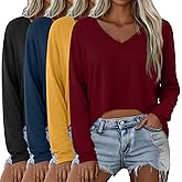 Oakgarden 4 Pack Oversized Cropped T Shirts for Women V Neck Long Sleeve Crop Tops Loose Casual Basic Tees Irregular Hem(Wine Red, Yellow, Blue, Black,Medium)