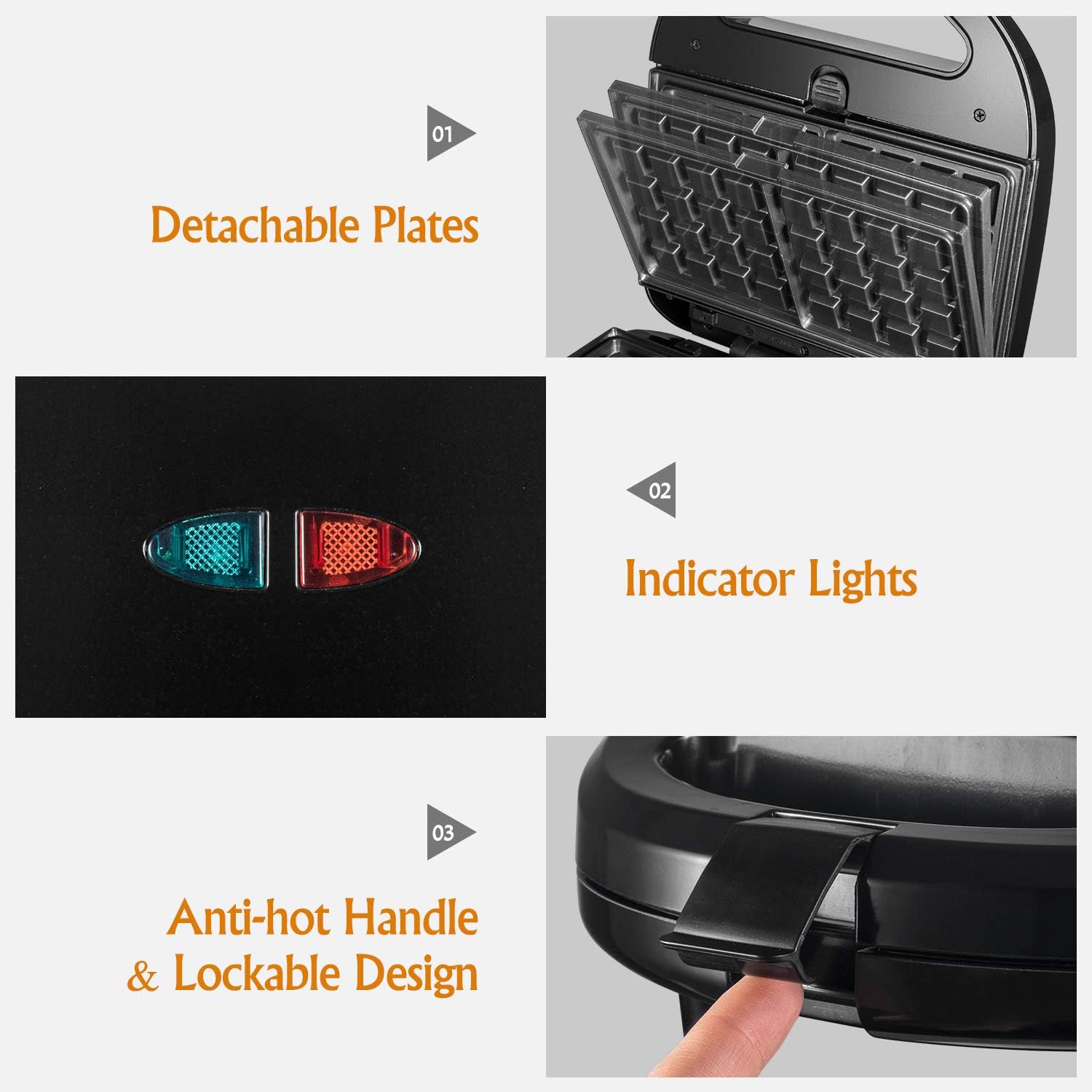 OSTBA Sandwich Maker 3-in-1 Waffle Iron, 750W Panini Press Grill with 3 Detachable Non-stick Plates, LED Indicator Lights, Cool Touch Handle, Easy to Clean: Kitchen & Dining