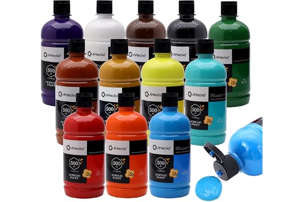 Artecho Acrylic Paint Set 12 Colors 500ml / 16.9oz Bottle, Art Craft Paint for Art Supplies, Paint for Canvas, Rocks, Wood, C
