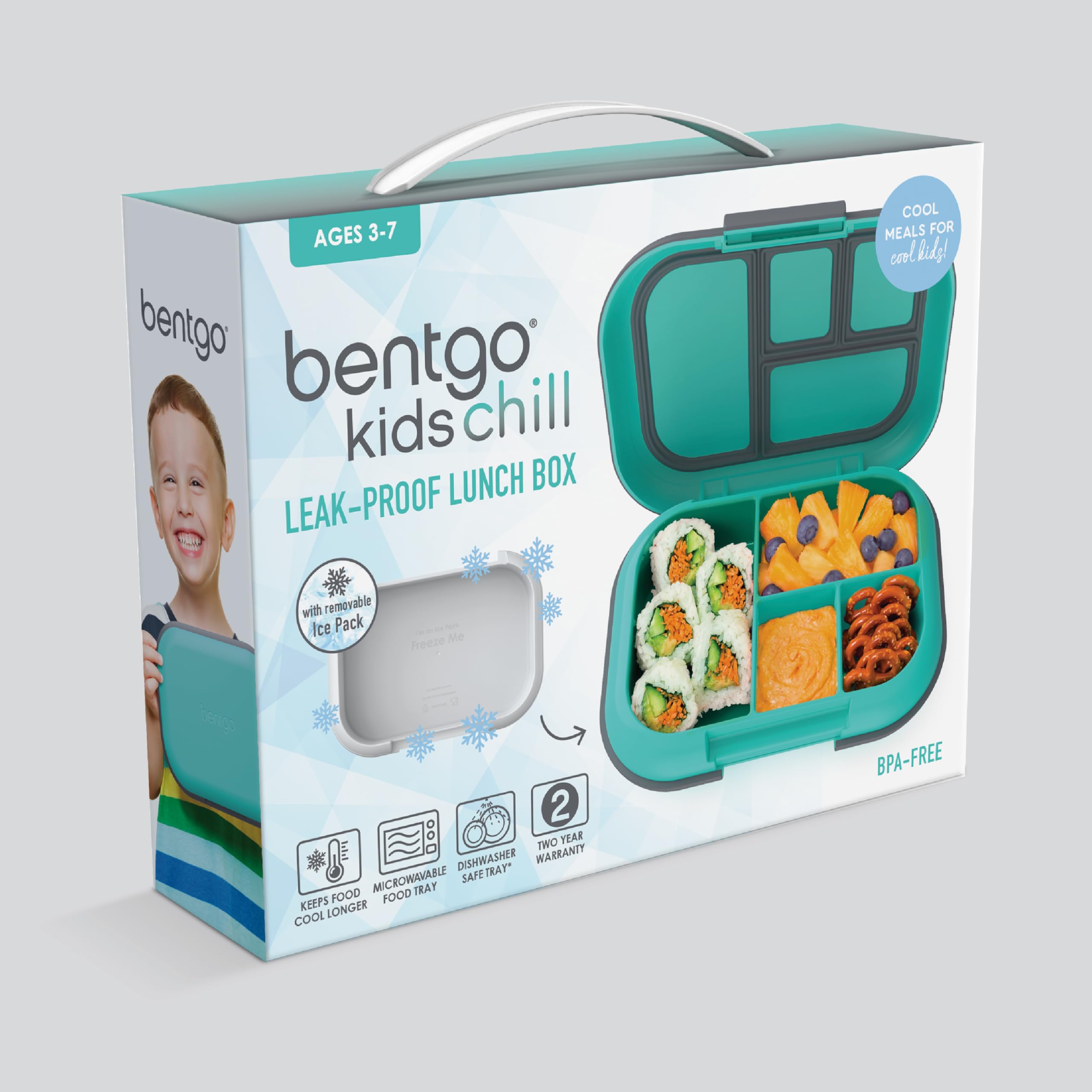 Bentgo Chill Kids Leak-Proof Lunch Box - 4-Compartment Bento Box with Built-In Ice Pack, 3.3 Cup Capacity, PFAS & BPA-Free, Microwave & Dishwasher Safe, Ideal Size for Ages 3 to 7 (Electric Aqua)