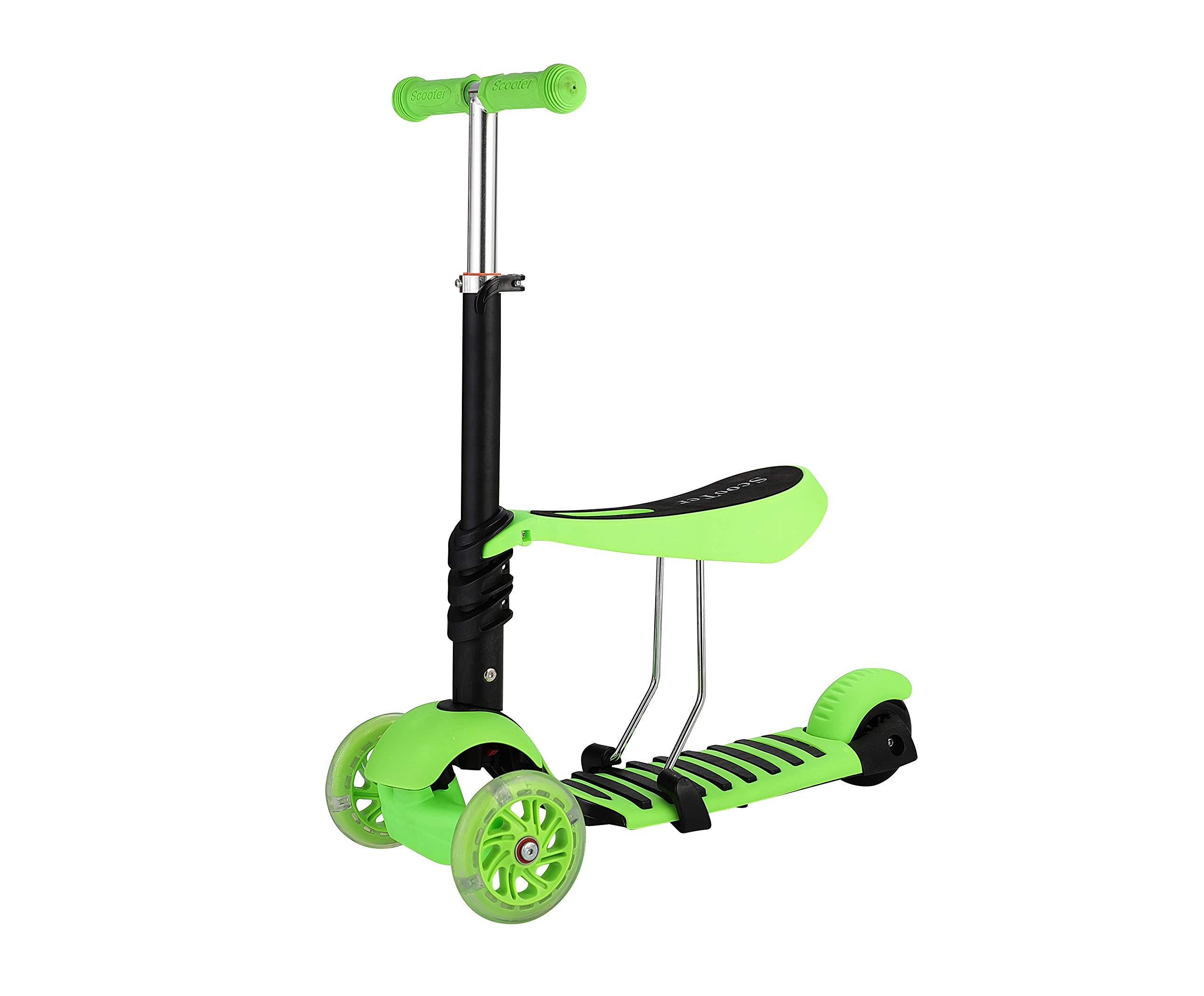 ASC 2in1 Scooter / Push Along with Seat - GREEN - Sprung Tilt Steering - Height Adjustable Seat - Rear Foot Brake - And Ladybird basket - Age 3+