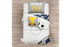 Lush Decor Soccer Game Reversible Quilt Twin Size 4 Piece Set White & Navy - Toddler Bedding Set Twin Quilt - Sports Bedroom Decor - Soccer Bedding