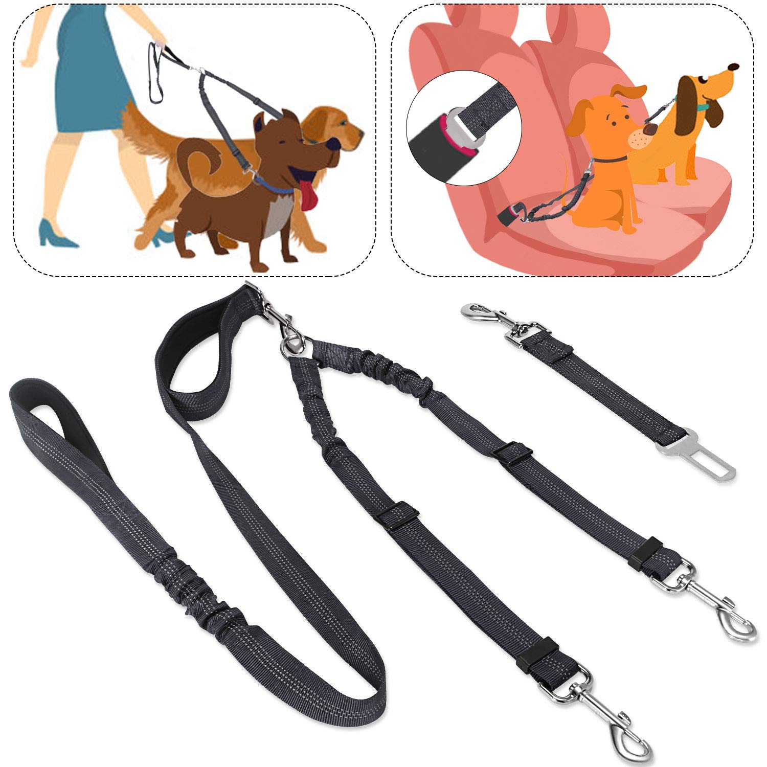 Lukovee 2 In 1 Dual Dog Lead and Car Seatbelt - No Tangle, Detachable 360° Swivel for Small to Large Dogs - Daily Use and Training