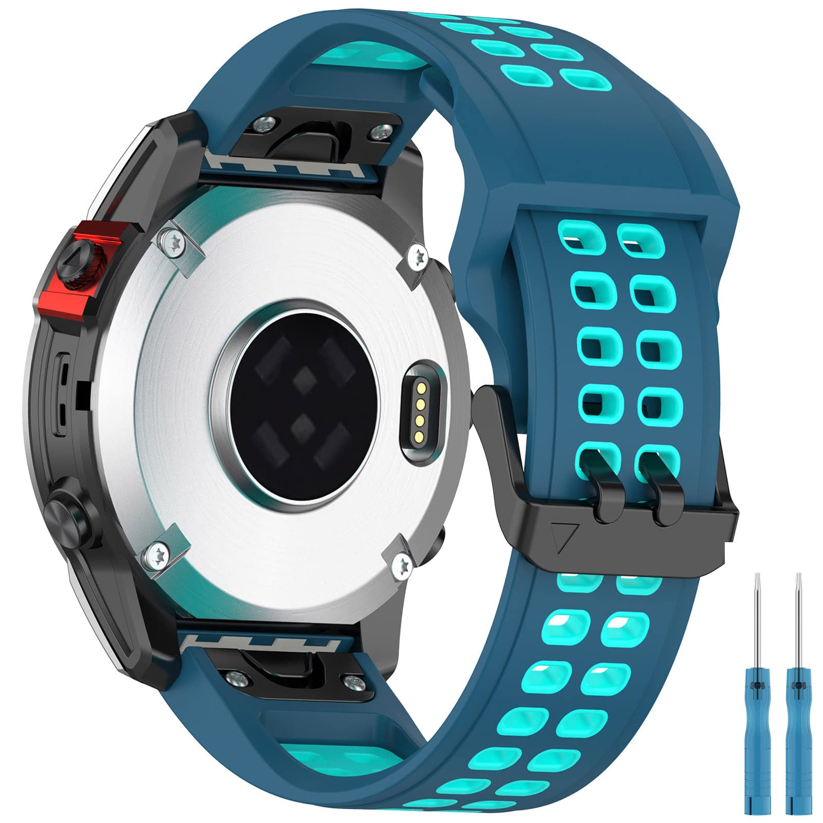 Miimall 22mm Silicone Strap for Garmin Fenix 7, Fenix 6/6 Pro/Fenix 5/5 Plus, Replacement Sports Strap for Instinct 2/Approach S62/S60/Quatix 6/5, Forerunner 935/945 Watch Band -Blue+Green