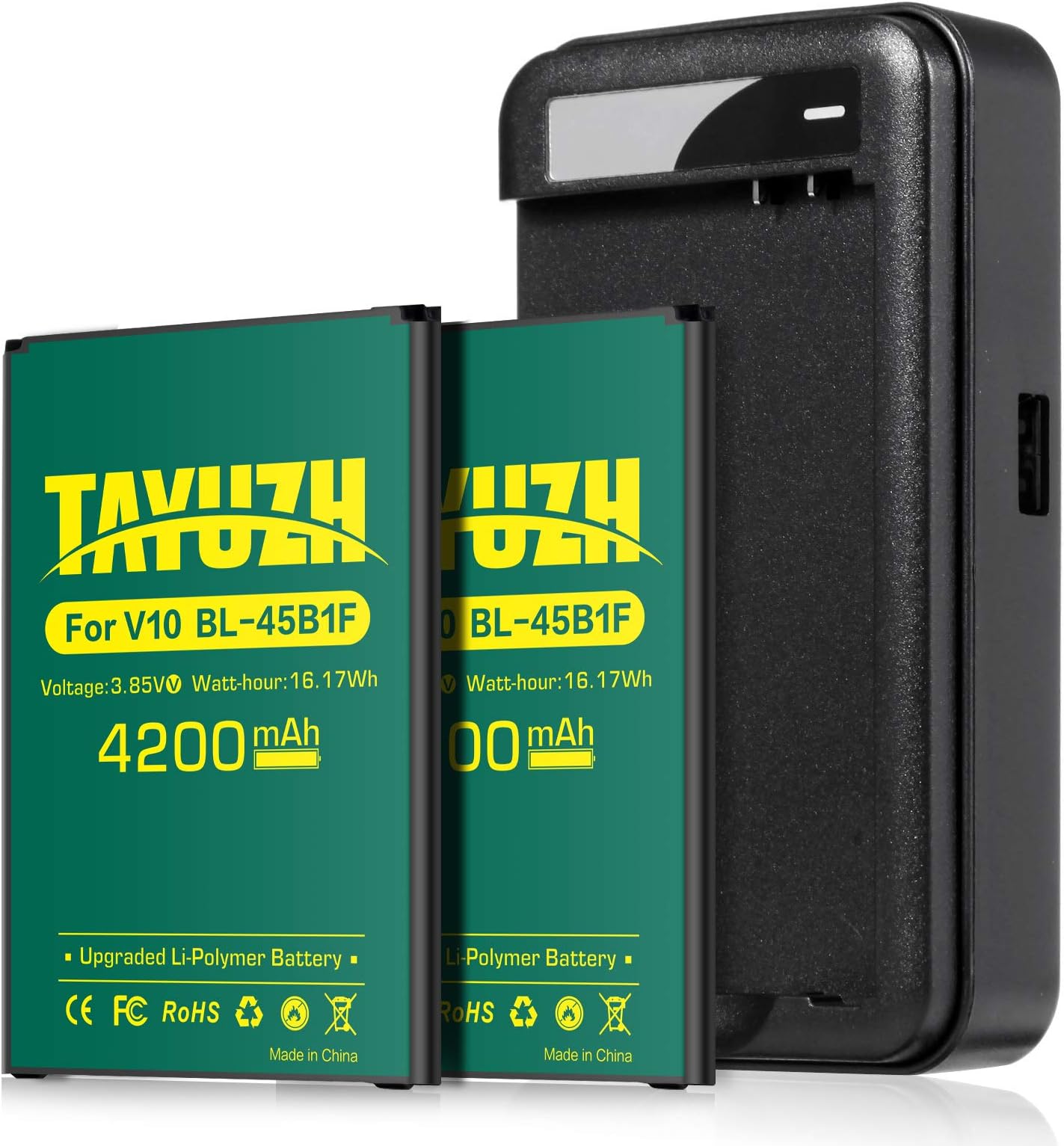 [Upgraded] V10 Battery, TAYUZH 2X 4200mAh Li-Polymer Replacement BL-45B1F Battery with Wall Charger for V10 H900, H901, H961N, H960A, VS990, LS992 | V10 Spare Charger Kit