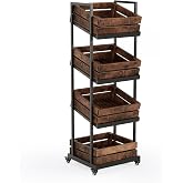 LITTLE TREE 4-Tier Basket Stand with Locked Wheels, Mobile Fruit and Vegetable Storage, Floor Stand Rack, Utility Shelf, for Kitchen, Living Room, Pantry (Rustic Brown)