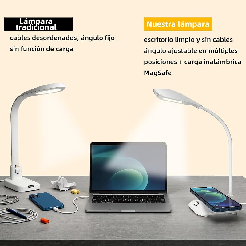 Candeeiro de secretária com carregamento sem fios magnético MagSafe 15W, 3 temperaturas de cor e regulável, 600LM, CRI 85, pescoço ajustável, para escritório em casa, quarto de estudo, branco