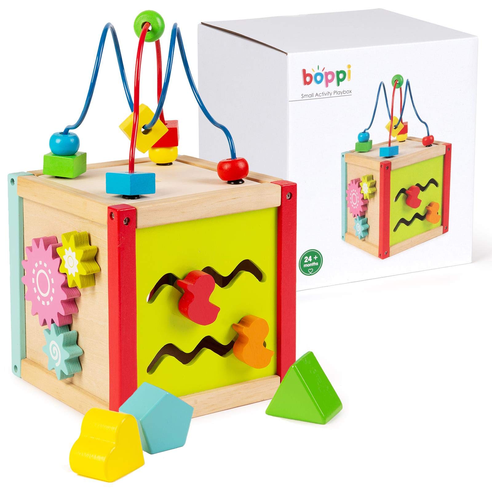 boppi 5-In-1 Small Wooden Activity Cube | 2-Way Bead Maze Roller Coaster Sensory Baby Toy with Abacus Clock Animal Shape Sorter & Slider | Multifunction Educational Toys Play Box 2 Years and Up