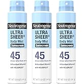 Neutrogena Ultra Sheer Body Mist Sunscreen Spray, Broad Spectrum SPF 45, Lightweight Spray Sunscreen, Non-Greasy & Water Resistant, Oil-Free & Non-Comedogenic UVA/UVB, 5 oz Pack of 3