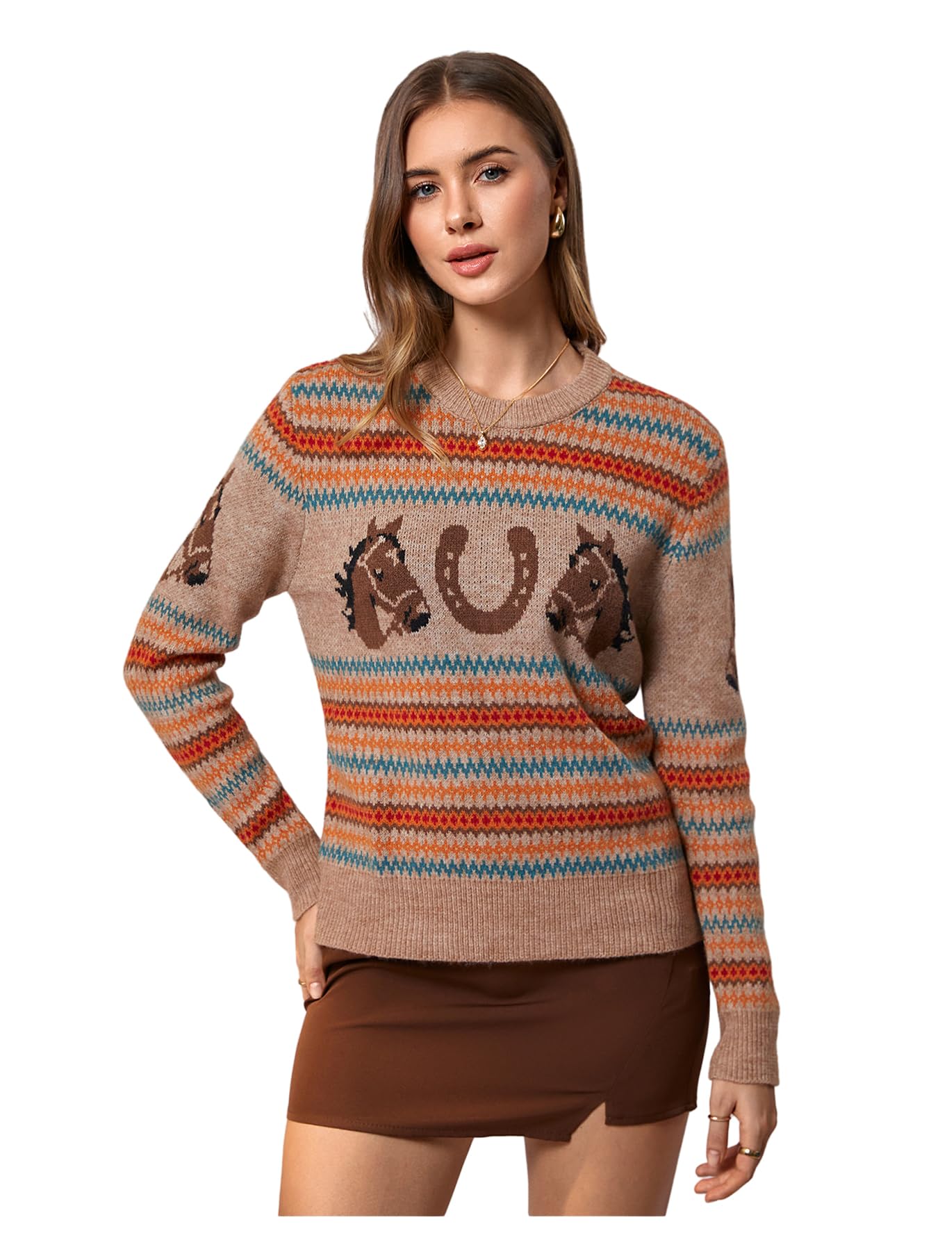 Photo 1 of MakeMeChic Women's Grandpa Sweaters Vintage Pullover Crew Neck Long Sleeve Grunge Fall Sweater Multicolor Large