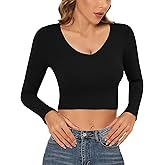 CLOZOZ Long Sleeve Crop Tops for Women Sexy V Neck Shirts Fitted Cropped Tshirt Going Out Tops