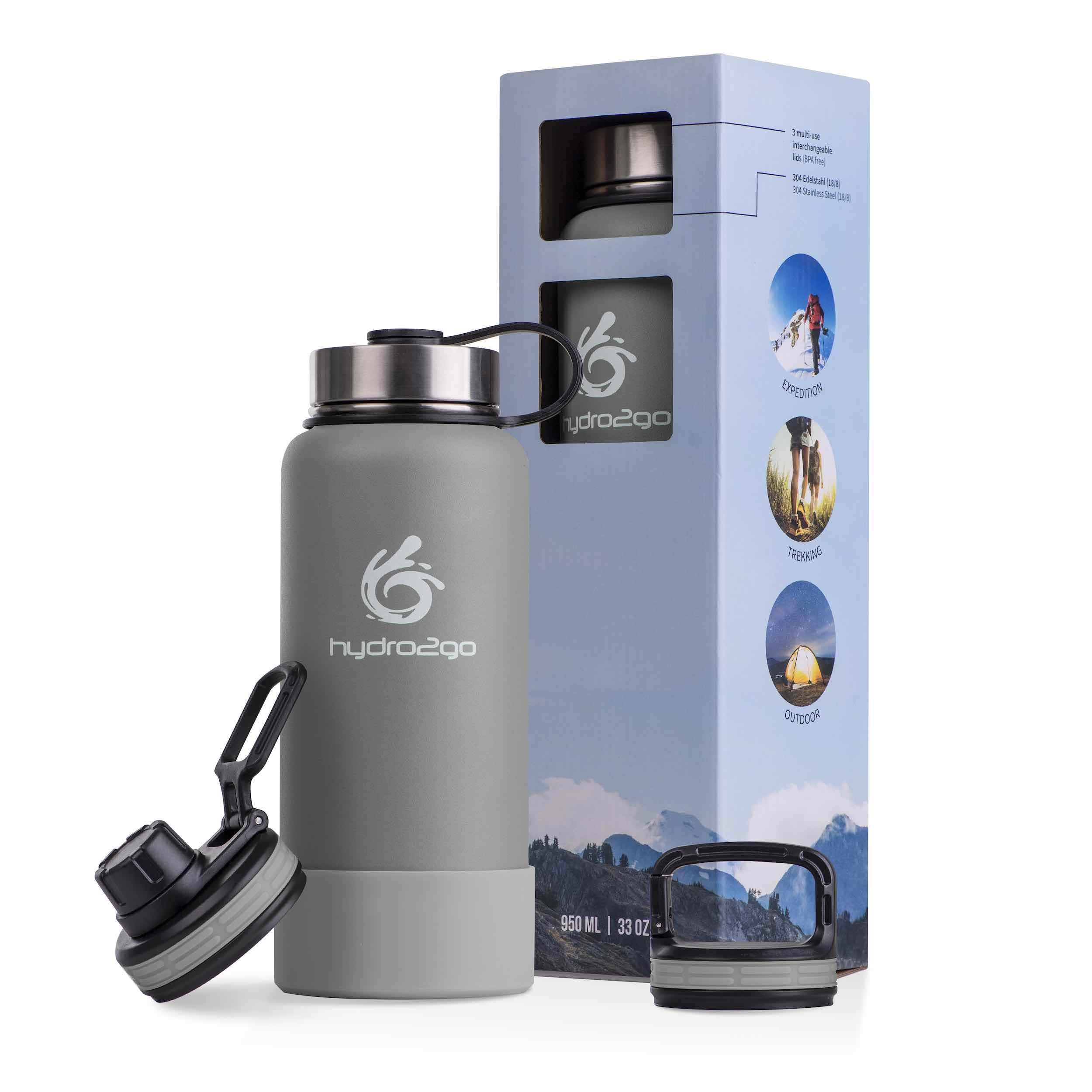 hydro2go X-AlpsBottle 950 ml – Stainless Steel, Vacuum Insulated, Double-Walled, 3 Leakproof caps, Ideal for Outdoor Sports, Stone Grey 2.0