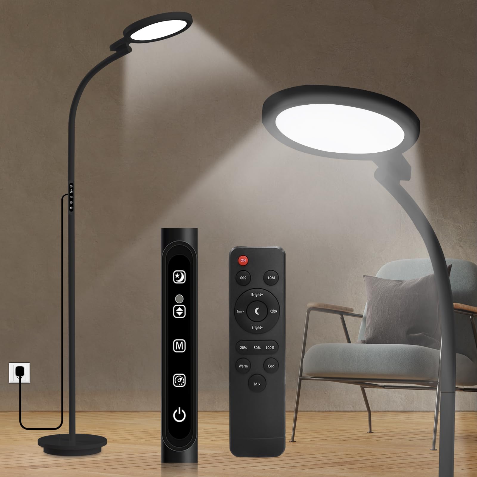 Photo 1 of Sozapooty Light Therapy Lamp 10000 Lux UV-Free Sun Floor Lamp, 360° Gooseneck Happy Lamp with 5 Colors & 5 Brightness Levels & Remote Control + Touch Dual Control (Black)