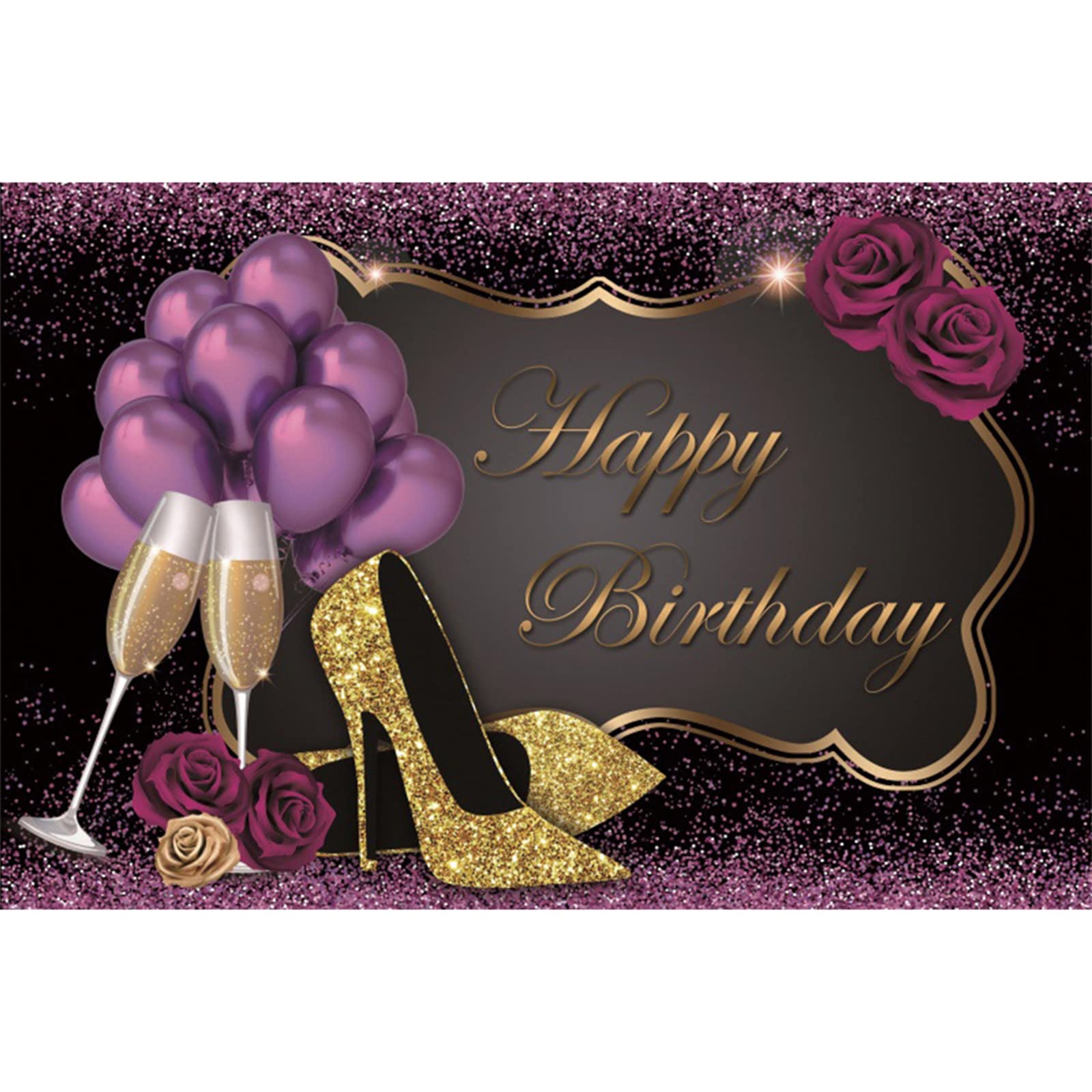 Black and Purple Photo Background Props Golden High Heels Champagne Balloons Woman Purple Rose Balloons Adult Happy Birthday Party Banner Backdrops for Photography(180 X 120cm)