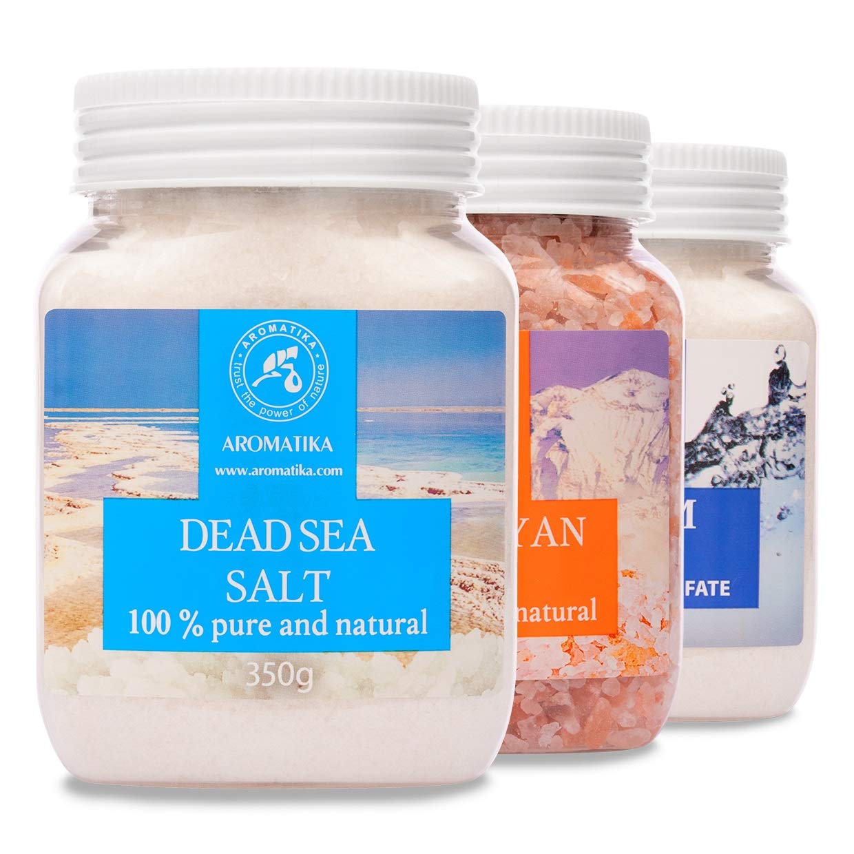 AROMATIKA Mineral Bath Salts Set – 3 x 350 g Epsom Salt, Himalayan Pink Salt & Dead Sea Salt, Natural Bath Soak for Good Sleep, Relaxation, Body Care, Beauty, Wellness & Aromatherapy Spa, Gift Idea
