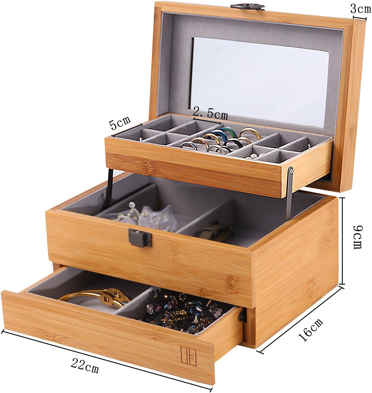 Bamboo Jewelry Box Organizer for women Watch Storage 3 Layers Jewelry Organizer Storage Display Case Gift for Mom Girlfriend: Home Improvement