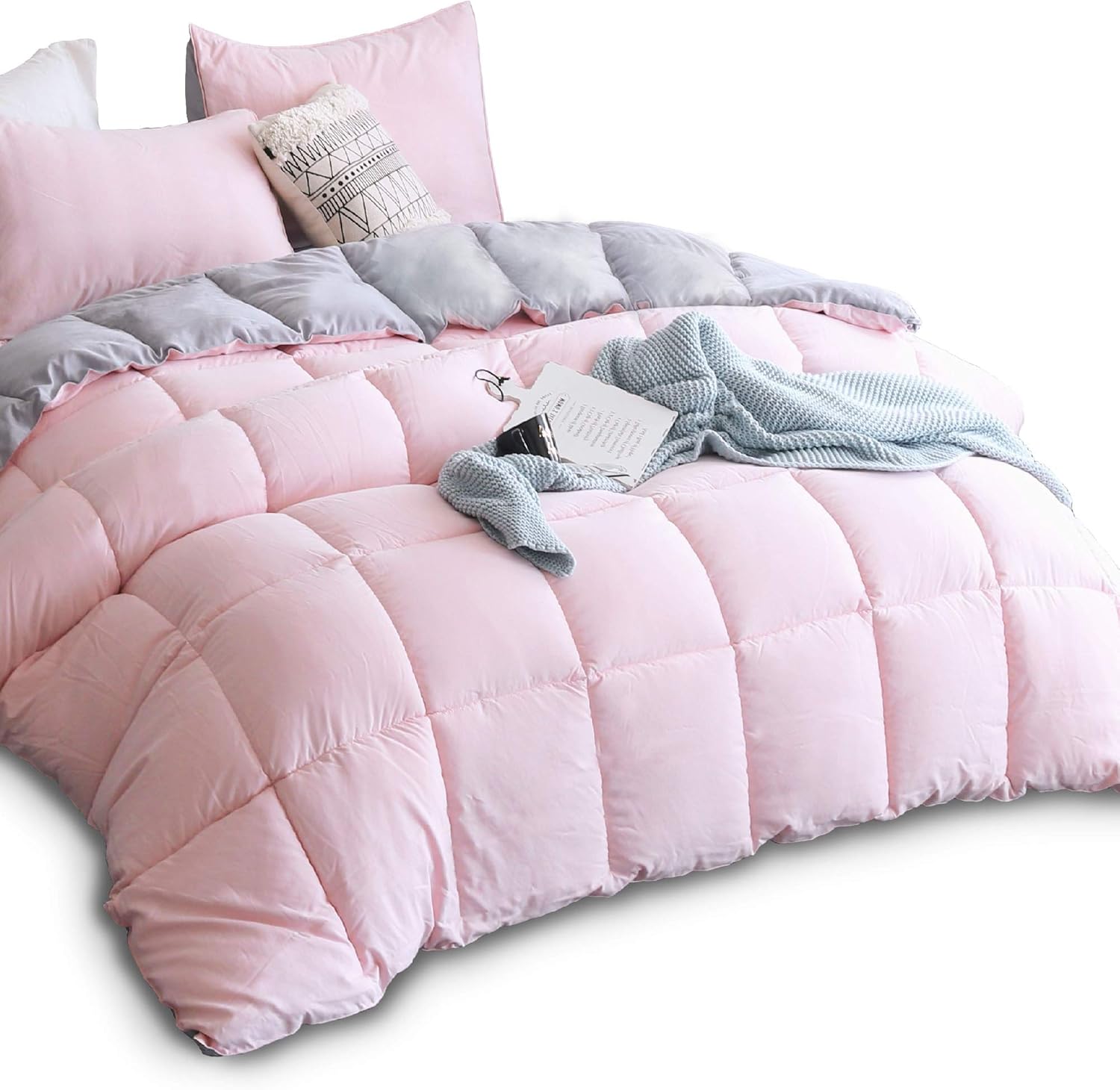 KASENTEX All Season Down Alternative Quilted Comforter Set with Sham(s) - Reversible Ultra Soft Duvet Insert Hypoallergenic Machine Washable, Queen, Pink Potpourri/Quartz Silver: Home & Kitchen