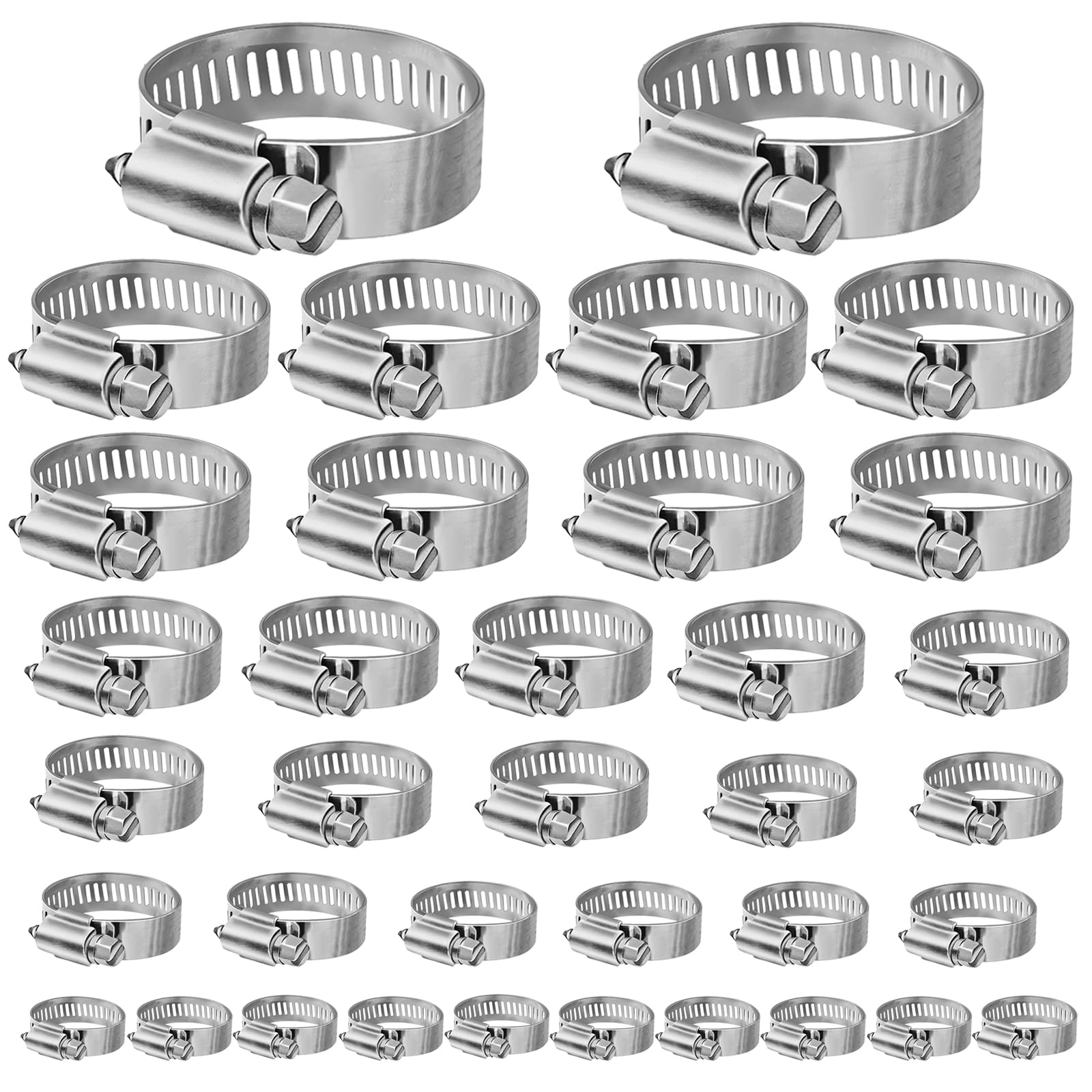WinWonder Hose Clamp Set, 36 Pcs Stainless Steel Hose Clips 6-51mm Range Adjustable 8 Sizes for Family Water Pipe,Gas Tank,Automobile tubing etc (36pcs)