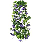 CISDUEO 2 Pcs Artificial Vines Silk Morning Glory Vines for Outdoor 15Feet Purple Hanging Plants Garland Fake Green Plant Morning Glories for Home Decor Wall Fence Stairway Wedding Hanging Baskets