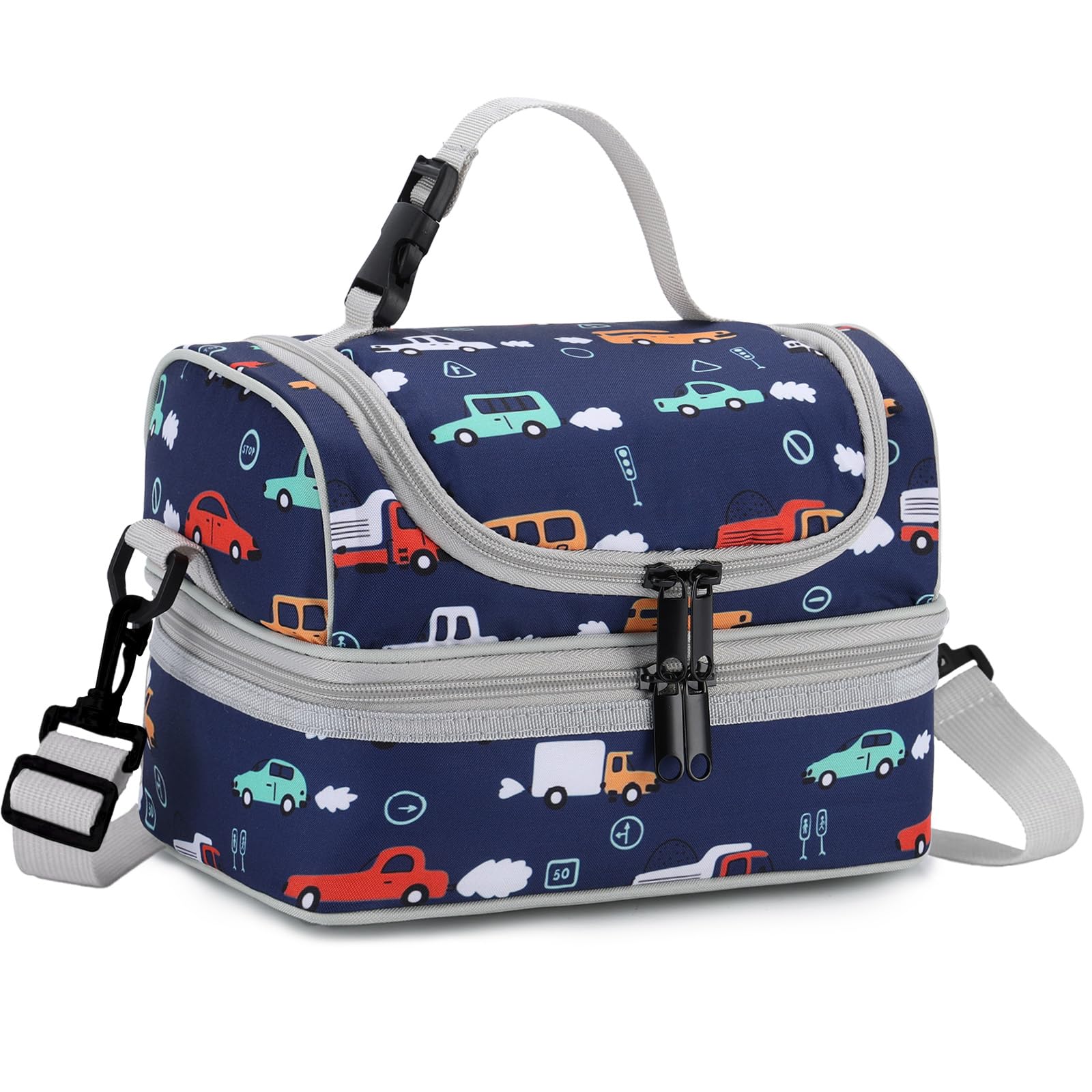 VASCHY Kids Lunch Bag, Portable Lunch Bag Separate Compartments Reusable Boys Lunch Handbag with Adjustable Shoulder Strap for School and Picnic Car