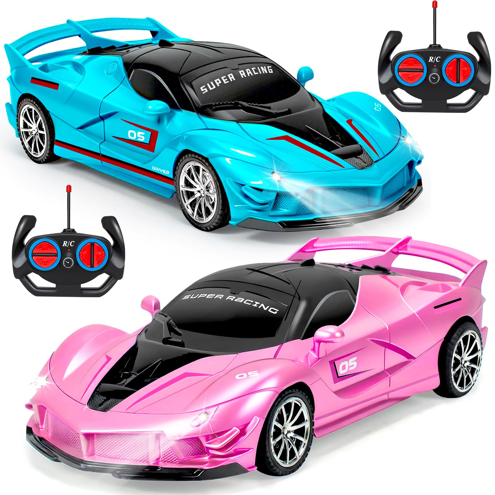 Photo 1 of 2 Pack Remote Control Car for Girls 3-5, 1:18 Scale Hobby RC Cars Toys for Kids Toddlers Age 3 4 5 6 7 8-12 Year Old- Model Sports Racing Car with Headlights Christmas Birthday Gift, Pink & Blue