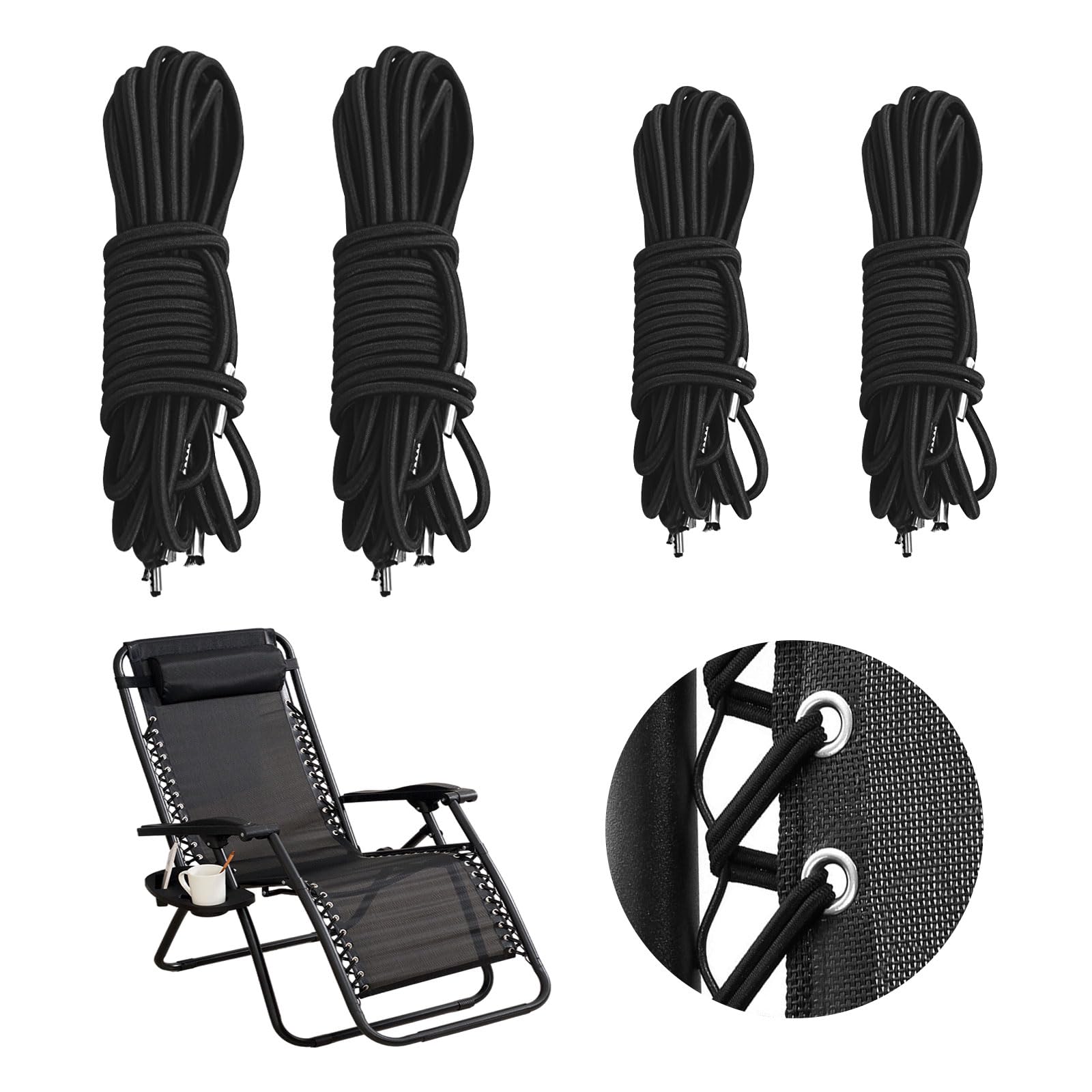 SAIIURV 4 Pieces Replacement Cord for Zero Gravity Chair Universal Replacement Elastic Cords Repair Tool Kit for Garden Chairs Outdoor Recliners Bungee Chairs Sun Loungers Black (4 pcs)