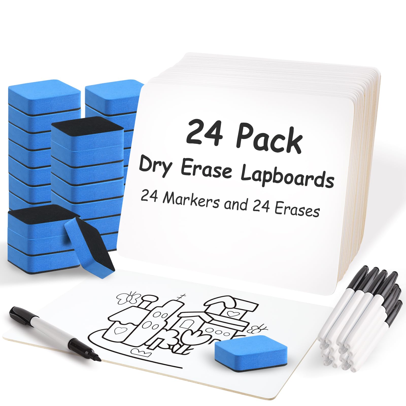 Photo 1 of 24 Pack Dry Erase Boards, Double-Sided Small White Board for Classroom Student, 9"x12" Portable Dry Erase Board Bulk, Mini Whiteboard with 24 Pens, 24 Erasers for Teacher Classroom Supplies