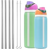 Stainless Steel Straw Set Compatible with Owala 24 oz 32 oz Water Bottle, 4 Piece Replacement Metal Straws With 2 Straw Cleaner