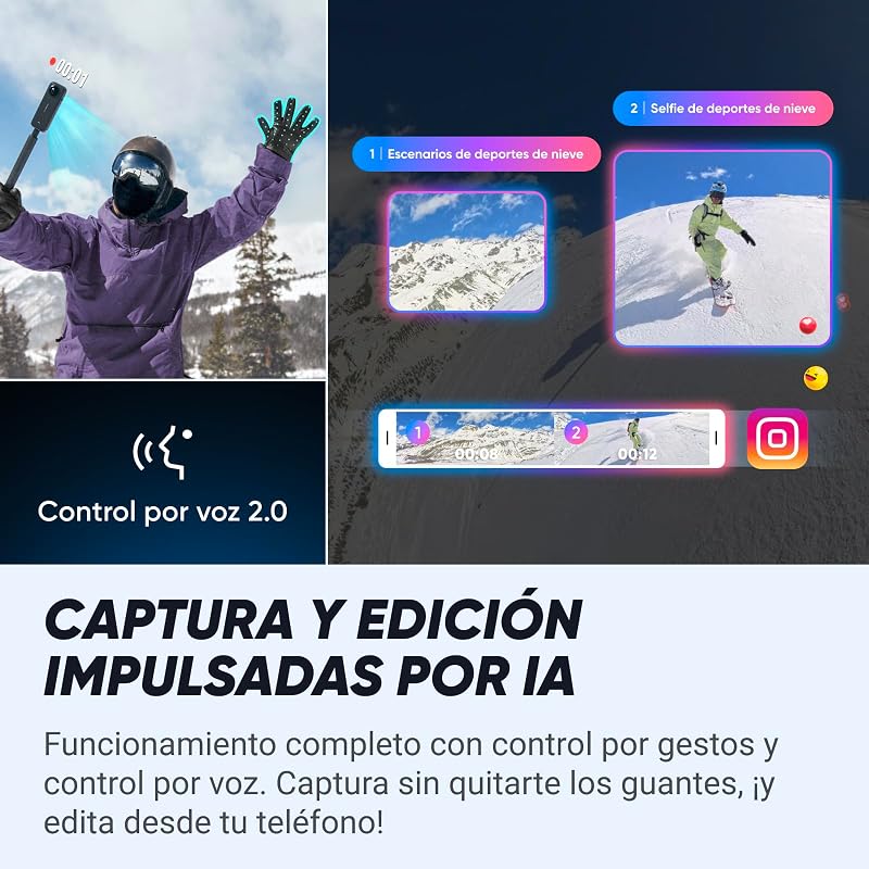 X4 Paquete de Snowboard - Cámara de acción Impermeable 8K 360, Vídeo 4K Gran Angular, Efecto Selfie Stick Invisible, Protectores de Lente Extraíbles, 135 Min Batería, Edición IA