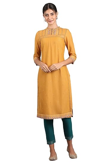 Women's Rayon straight Kurta (19AUW12982-112992_ Mustard_ M (10))