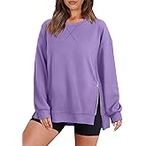 WIHOLL Women's Oversized Lightweight Sweatshirt with Side Slit Zipper Soft Crew Neck Pullover Long Sleeve Tops 2024 Fashion