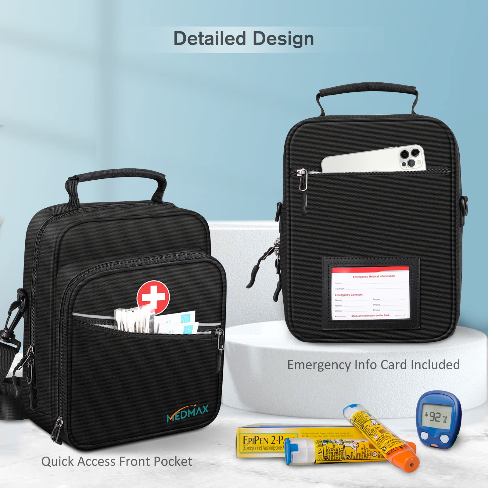 MEDMAX Insulin Cooler EpiPen Carrying Case Insulated, Travel Medication Diabetes Supplies Organizer Bag with Shoulder Strap for Asthma Inhaler, Auvi-Q, Allergy Medicine Essentials (Black)