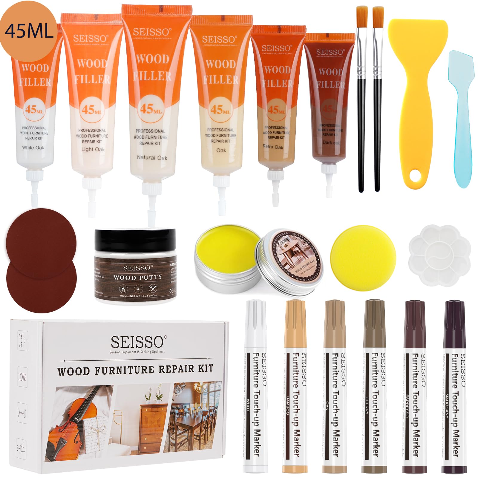 SEISSO 21Pcs with 45ML Wood Filler Wood Furniture Repair Set, Furniture Repair Set with White Wood Putty, Wax Oil, Repair, Floor Scratch Repair kit for Restoring Scratches, Stains, Cracks, Hole