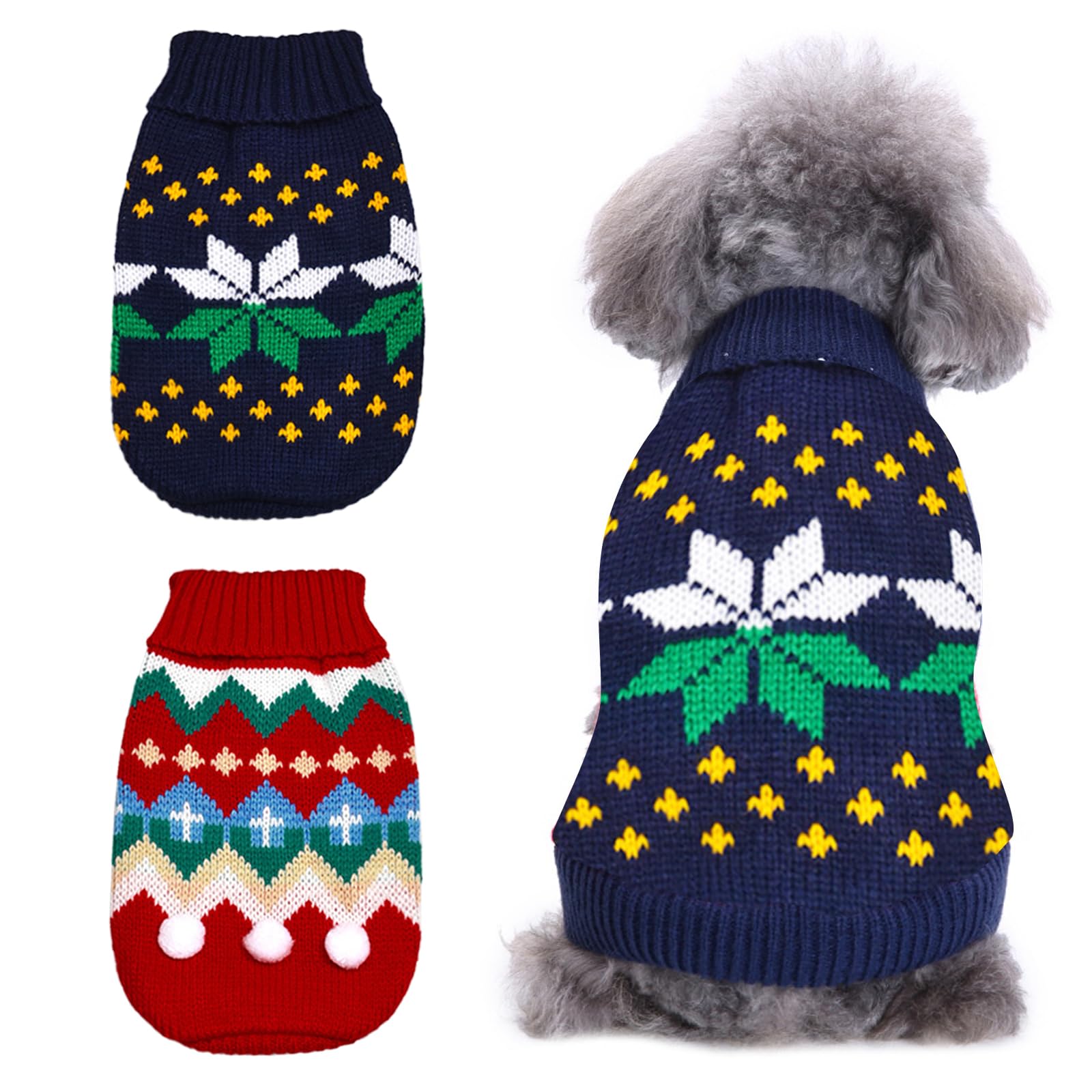BDSHUNBF 2pcs Christmas Dog Jumpers, Pet Dog Knitted Sweater, Xmas Puppy Cat Holiday Costume, Winter Warm Apparel Coat for Small Dogs