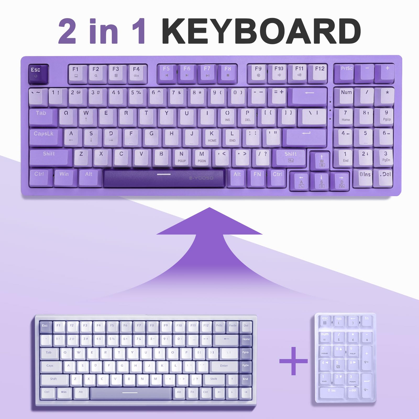 HUO JI Mechanical Gaming Keyboard USB Wired Compact with Number Pad, Purple Led Backlit, Blue Switch, Detachable Type C Cable, 94 Keys for PC/Computer/Laptop, White and Purple