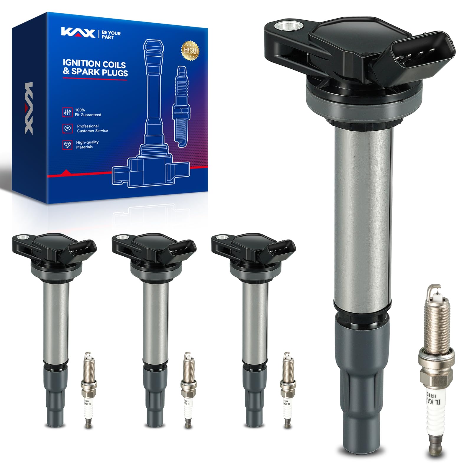 KAX 4-Pack Ignition Coils and Double Iridium Spark Plug Set for Toyota Corolla 2011-2013 2016-2017, Corolla 2009-2010 2014-2015 1.8L, Prius 2010-2015, C-HR 2018-2022, Prius V, CT200h, Scion xD, UF596 Image
