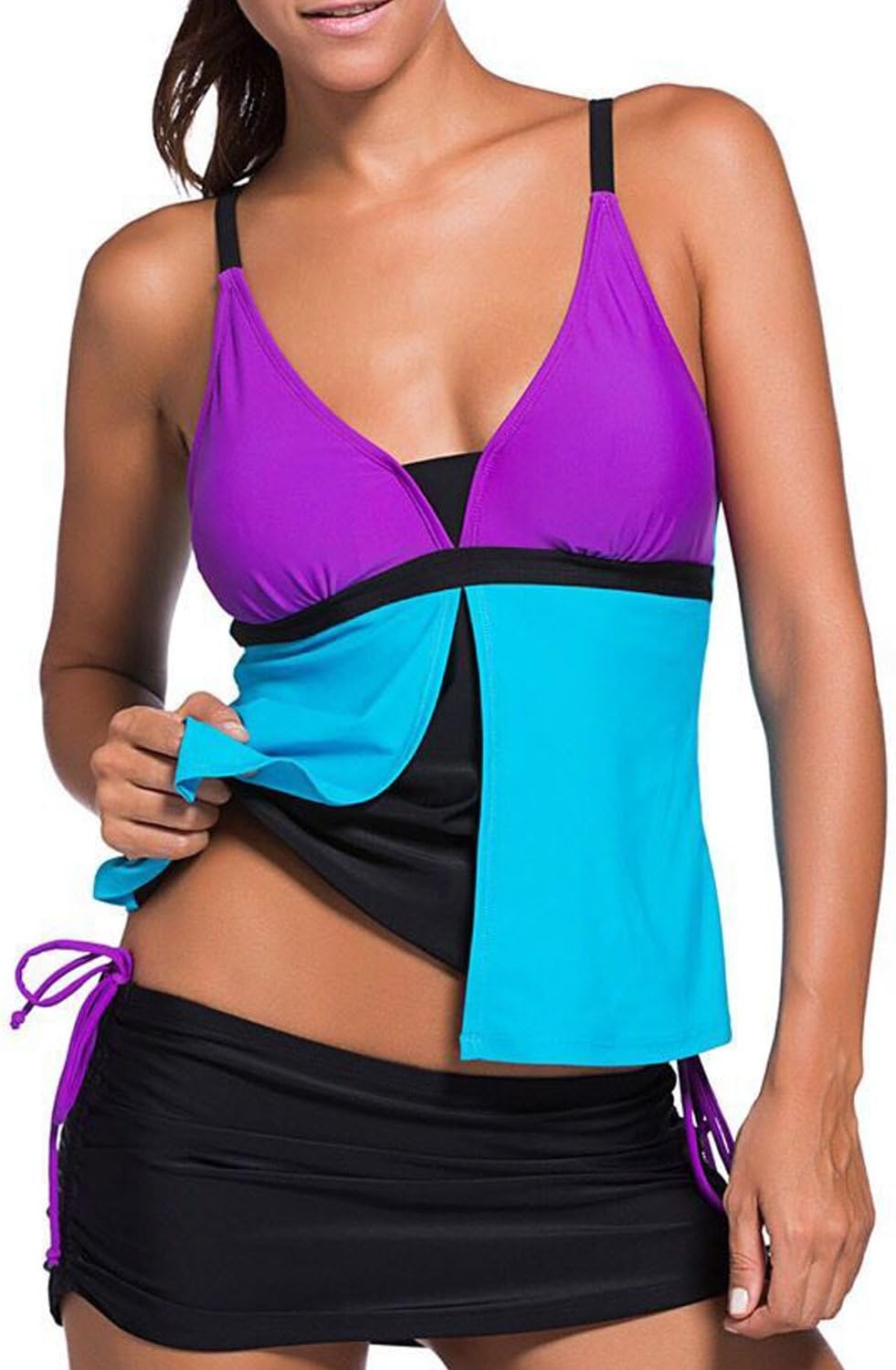 SIQIWO Bikini Swimsuit Two Pieces Tankini Bikini Swimwear Summer Women's Bathing Suits (L=(US 10-12), DS1-Blue+Purple)
