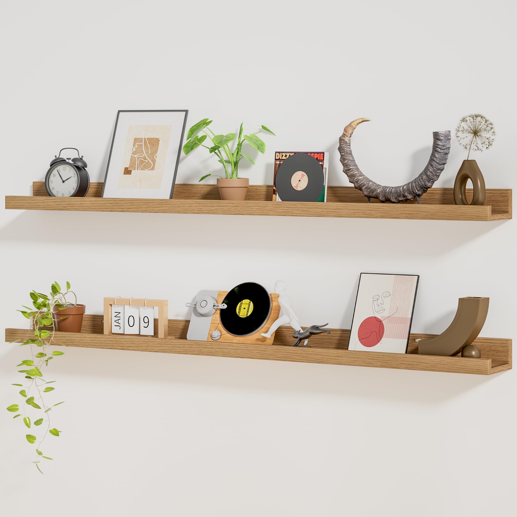 Photo 1 of Heimlove Picture Ledge Shelf,48 inch Long Floating Shelves for Wall Set of 2,Picture Shelf with Lip for Wall Decor,Living Room,Bedroom,Bookshelf,Nursery,Perfume,Oak Color