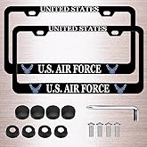 2Pcs License Plate Frames for U.S. Air Force,2 Holes Matte Aluminum Black Car Licenses Plate Covers Holders for USAF with Screw Caps