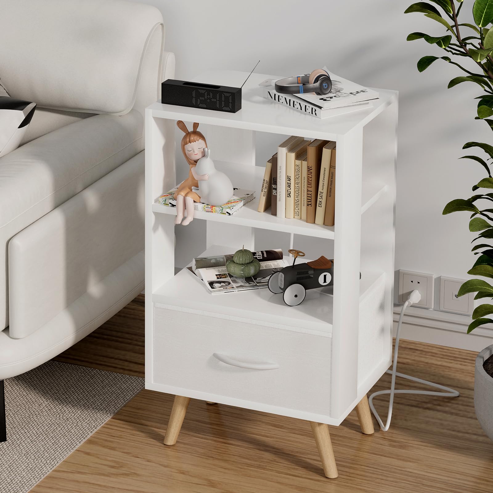 Photo 1 of Aenuert Night Stand with Charging Station, White Nightstand with Drawer, 3-Tier Wooden Bedside Table with USB Ports and Outlets, End Table for Small Space, Living Room, Bedroom