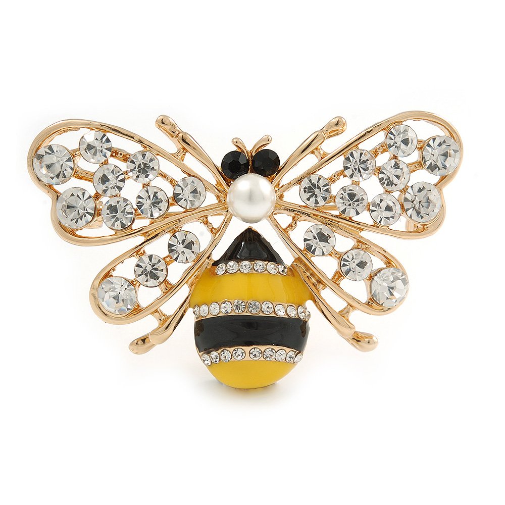 Crystal Yellow/Black Enamel Bee Brooch In Gold Tone - 55mm Wide