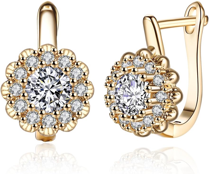 FushoP Flower Cubic Zirconia Crystal Hook Earrings for Women (Champagne gold plated)