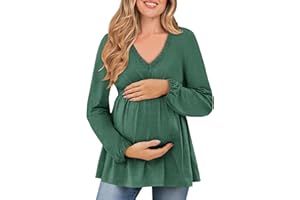 FMEYOA Women's Maternity Tops Long Sleeve V Neck Fall Loose Blouse Ruched Babydoll Pregnancy Shirts S-2XL
