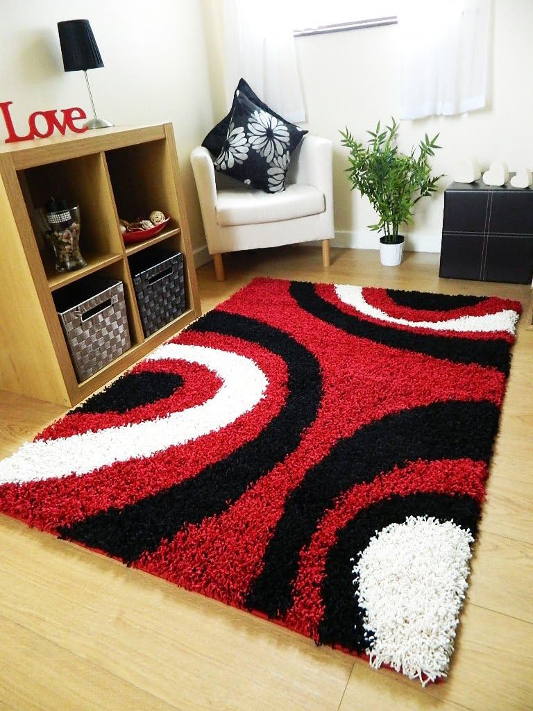 Rugs Superstore SMALL EXTRA LARGE RUG NEW MODERN SOFT THICK RED BLACK IVORY SHAGGY RUG NON SHED SHAG RUNNERS (6 66 X 230 CM (RUNNER))